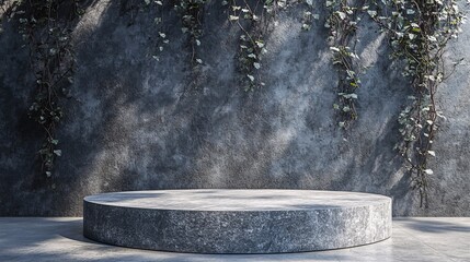 Concrete Podium Surrounded By Green Foliage And Grey Concrete Wall