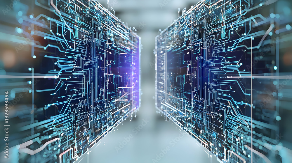Poster abstract digital circuit board design with blue lines and glowing light in futuristic technology bac