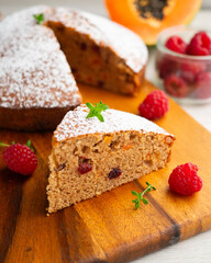 Delicious whole wheat vegan cake with papaya and nuts.