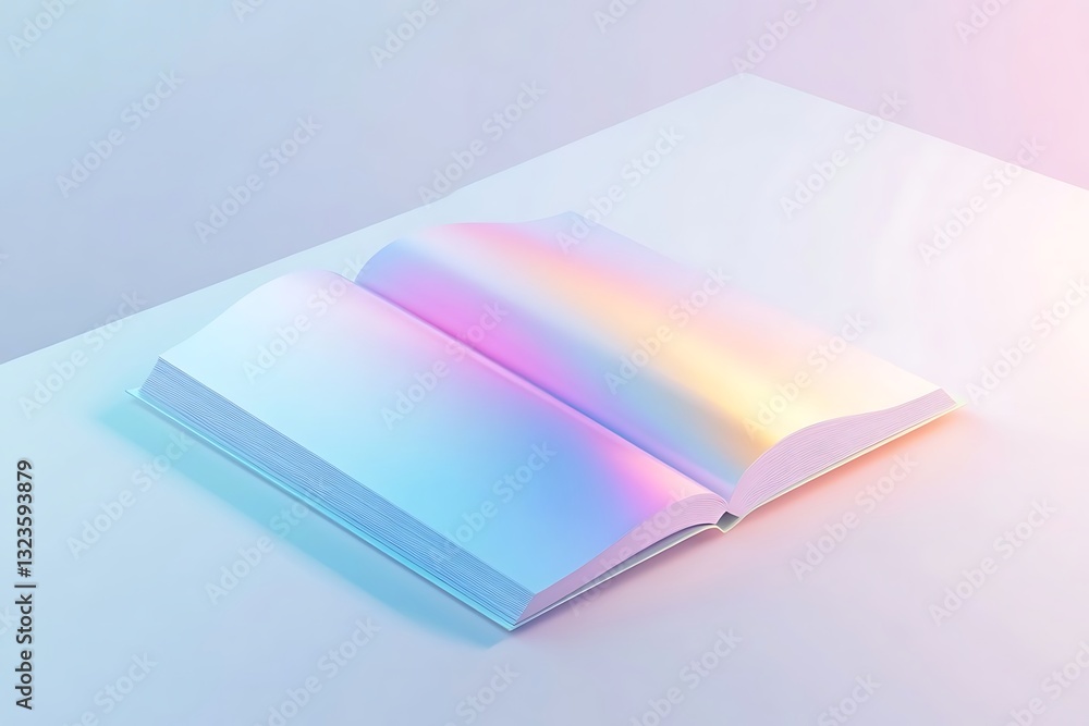 Poster 3d rendering of an open magazine with a blank white page and gradient cover design on a table, brigh