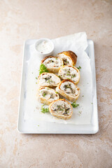 Homemade omelette roulade with chicken