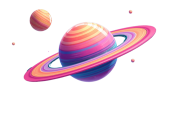 Colorful Striped Planet with Rings, Mountains, and Water against a Starry Sky