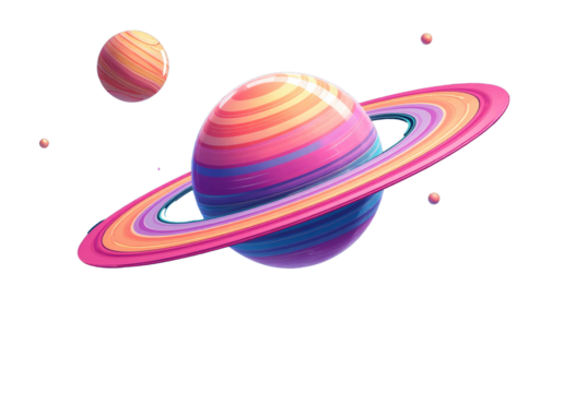 Colorful Striped Planet with Rings, Mountains, and Water against a Starry Sky