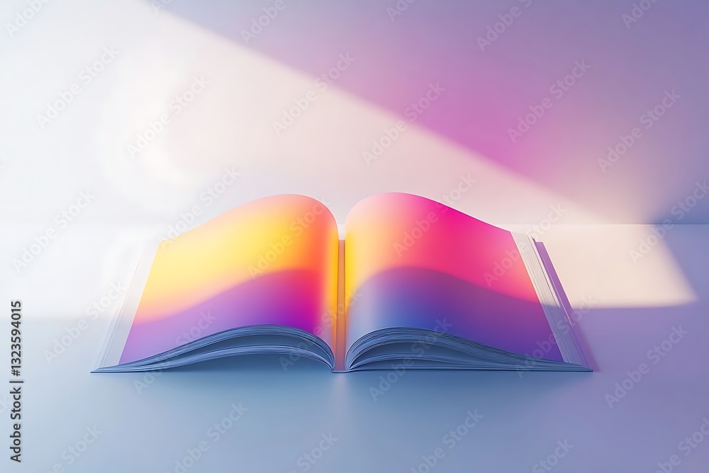 Poster 3d rendering of an open magazine with a blank white page and gradient cover design on a table, brigh