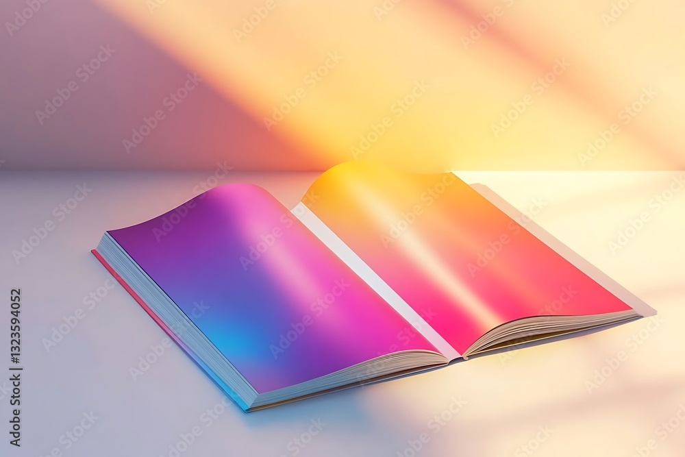 Poster 3d rendering of an open magazine with a blank white page and gradient cover design on a table, brigh