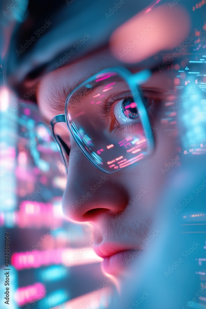 Poster in a dimly lit room, a hacker types rapidly at multiple monitors. the glow of the screens reflects o