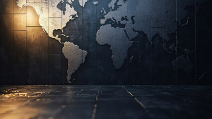 a world map relief on a dark wall.