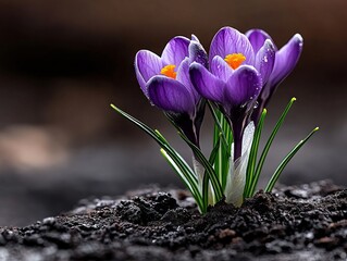 Obraz premium A close up of two purple crocuses growing out of the ground