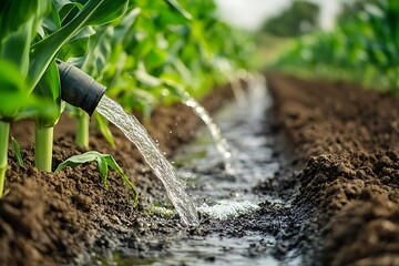Water flows from a pipe irrigating corn rows in farmland, showcasing modern agricultural watering technology with a blurred background and copy space.