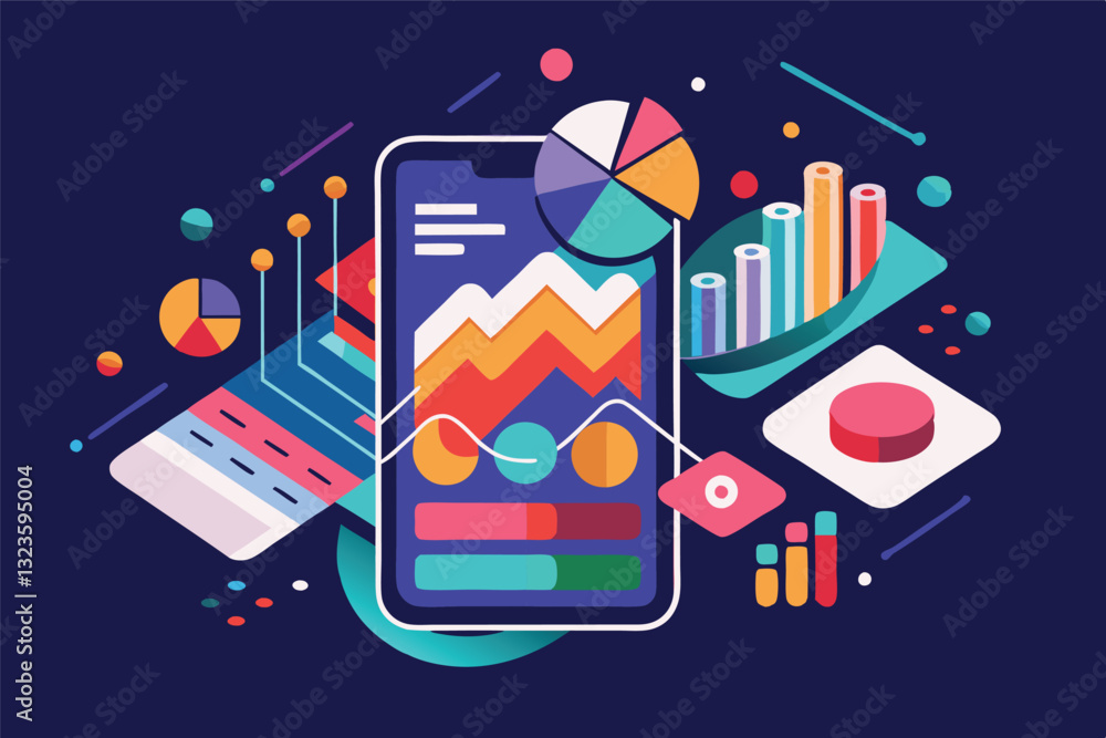 Poster vector illustration showcasing a digital dashboard with colorful charts and graphs representing data