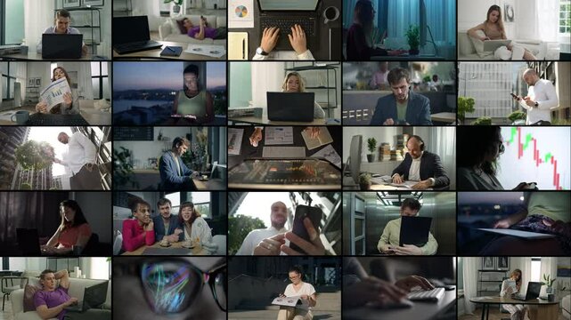 Video collage of remote work: People using laptops in cafes, at home, and on the street, attending online business meetings, and working remotely via internet communication. High quality 4k footage