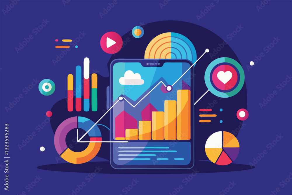 Poster vector illustration showcasing a digital dashboard with colorful charts and graphs representing data
