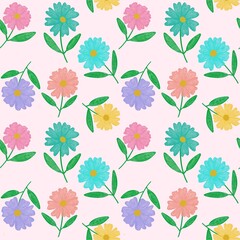 Seamless pattern with flowers colorful on light pink background 