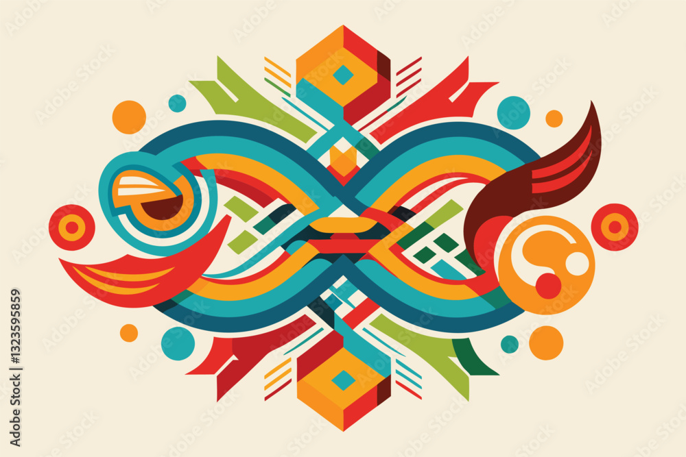 Poster Vibrant geometric illustration featuring colorful abstract shapes and patterns in a symphonic arrangement of lines and curves