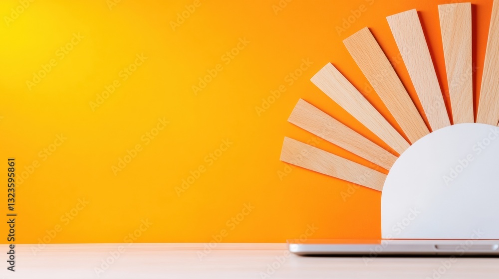 Poster minimalist tech sunrise innovative workspace design featuring gradient orange backdrop and geometric