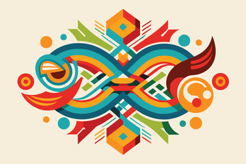Vibrant geometric illustration featuring colorful abstract shapes and patterns in a symphonic arrangement of lines and curves