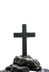 Dark Stone Cross on Rocks, Transparent Background