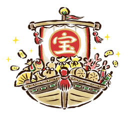 宝物がつまった宝船　筆タッチ手描きイラスト