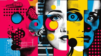 Abstract face collage with bright colors and varied graphic elements.