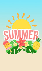 Summer vibes with tropical fruits, flowers, and popsicle under shining sun