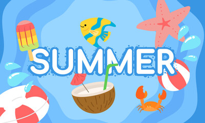 Summer holiday illustration with popsicle, tropical fish, starfish, coconut drink, beach ball and crab