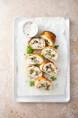 Homemade omelette roulade with chicken
