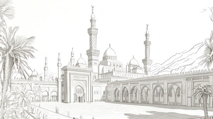 Mosque courtyard sketch, desert mountains, peaceful scene, travel brochure