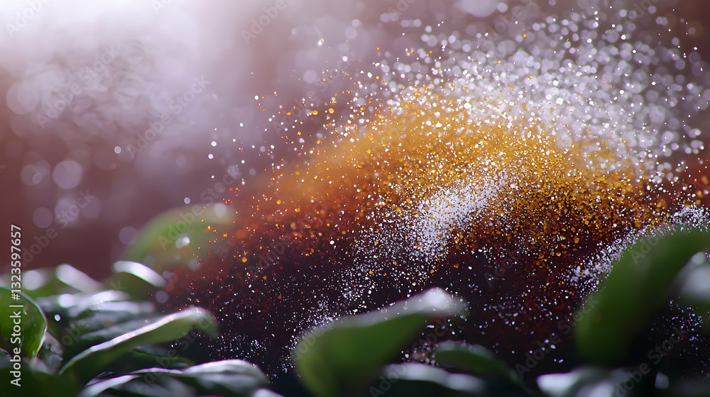 Poster abstract bokeh sparkle particles overlay with golden dust and green leaves in a warm orange and brow
