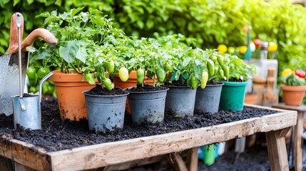 Vibrant Vegetable and Herb Garden in Colorful Pots Bathed in Sunlight