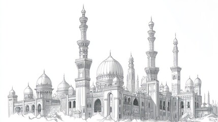 Fototapeta premium Islamic Architecture Drawing, Mosque Cityscape, Elegant Design, Background Use