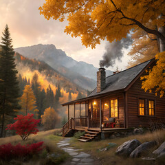 Charming Cabin in Autumn Forest with Smoky Chimney
