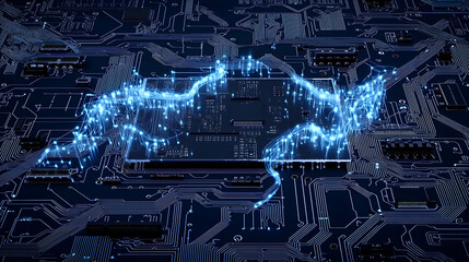 Abstract Blue Circuit Board With Glowing Lines And Futuristic Technology Concept