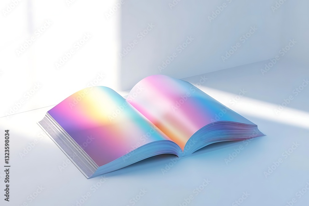 Poster 3d rendering of an open magazine with a blank white page and gradient cover design on a table, brigh