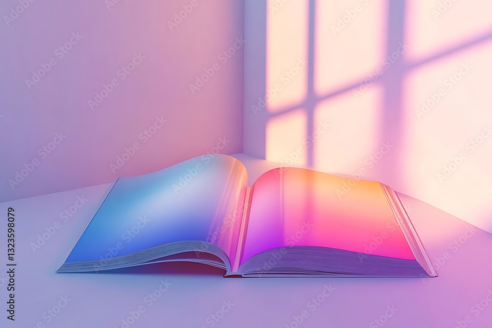 Poster 3d rendering of an open magazine with a blank white page and gradient cover design on a table, brigh