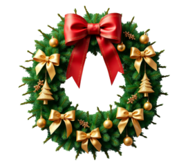 Festive Christmas wreath with ornaments, bows and transparent background