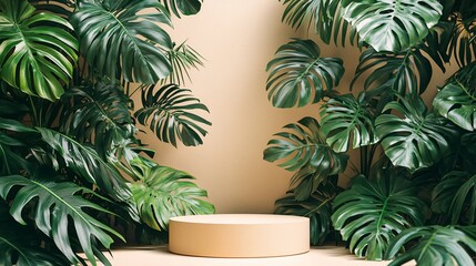 Lush green foliage surrounds a cylindrical product display platform design