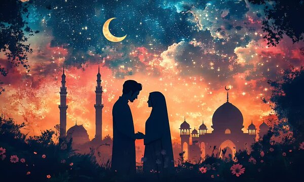Silhouette of a Muslim couple holding hands under a starry night sky, with a mosque in the background.