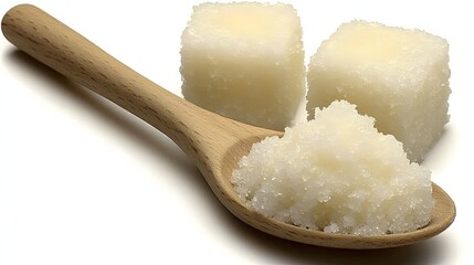 Granulated Sugar Piled in a Wooden Spoon with Sugar Cubes on a Neutral Background