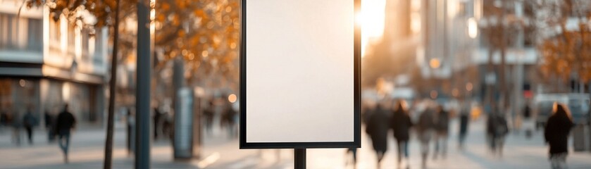 A large blank banner hangs from a black lamppost in a bustling downtown street. Sunlight filters through trees, casting gentle shadows as pedestrians stroll by, creating a vibrant urban atmosphere