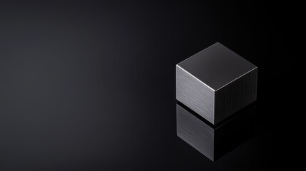 a realistic low-angle product photo, high end product, small 1 inch tungsten cube, metal cube, brushed metal surface, resting on slightly reflective black surface, black background. Subtle accent ligh