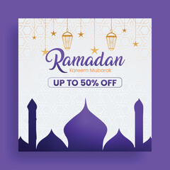 Editable Ramadan special sale offer, discount social media post, promotional banner template for Islamic festival square flyer design, eid sale offer post