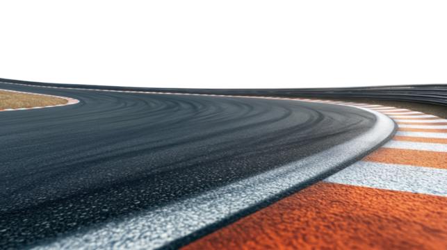 "A race track with a sharp curve and noticeable skid marks on the asphalt, isolated on transparent background, highlighting the thrilling dynamics of high-speed racing.
