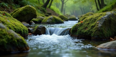 Fototapeta premium River flows gently through moss covered rocks, scenery, moss