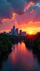 Fototapeta premium River landscape with Colorado River flowing under Austin Texas skyline at sunset, skyline, sunset, canyon lakes
