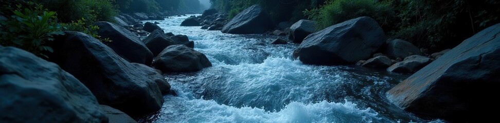 River of darkness winding through black stone, water, river
