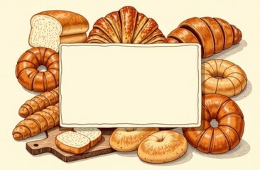 A hand-drawn illustration of an assortment of bread and pastries, including croissants, bagels, white bread slices, baguette  with a central frame for text