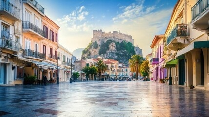 Obraz premium Nafplio Castle: Philellinon Square in Historic City with Palamidi Fortress Background