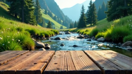 Serene River Valley Vista Wooden Dock Overlooking a Gently Flowing Stream Nestled Amongst Lush Green Meadows and Coniferous Trees Under a Sunny Sky