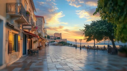 Obraz premium Nafplio Greece - Philellinon Square with Palamidi Castle in Beautiful Ancient Architecture