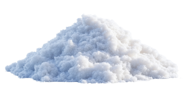 A realistic, clean-cut pile of fresh white snow isolated on a transparent background, casting a soft shadow underneath, with intricate snow textures.